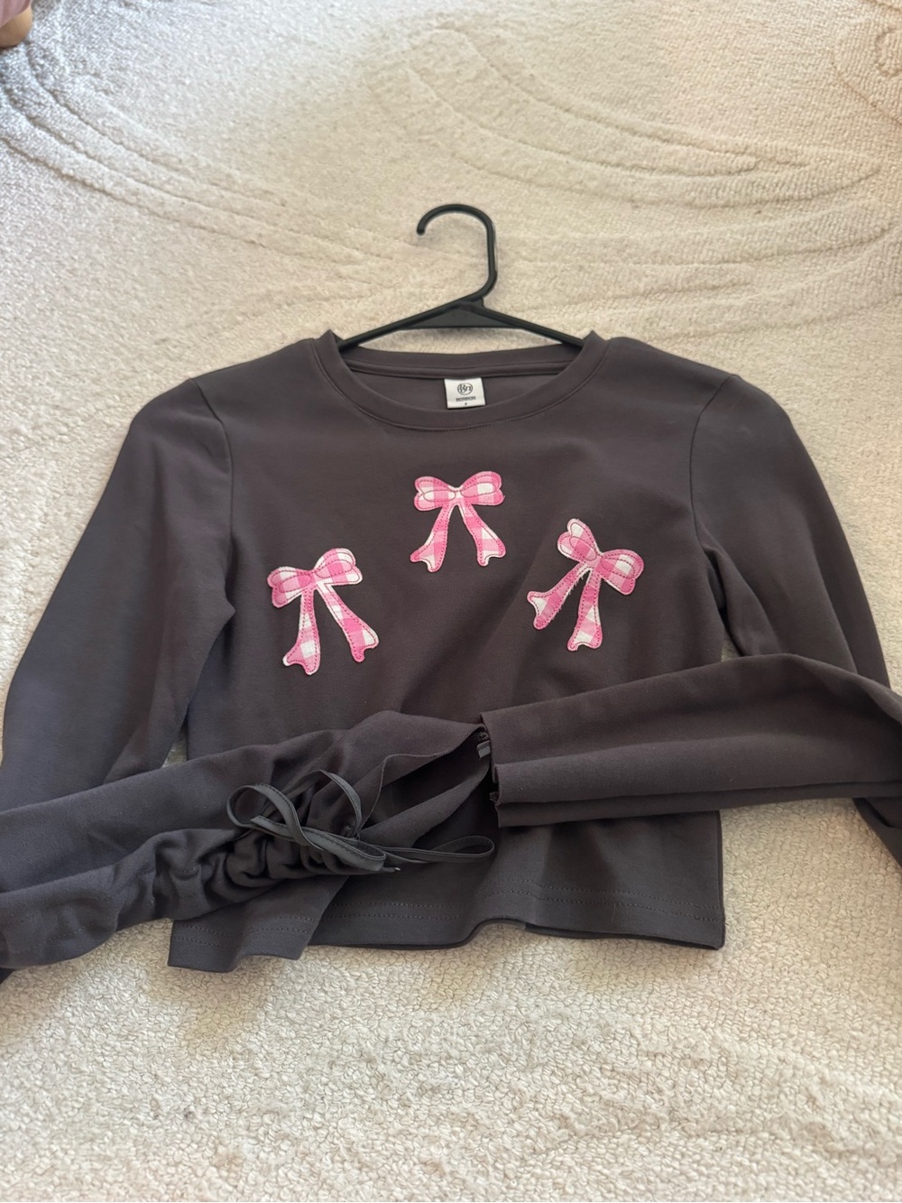 Dark Grey Long-Sleeve Crewneck Top with Pink Bow Appliqués